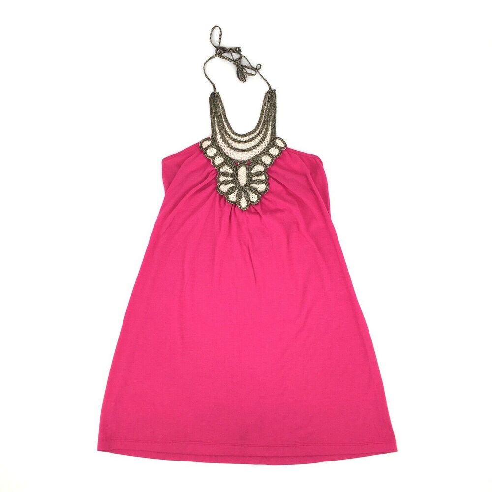 L8ter Crochet High Halter Neck Tank Top Size Small Womens Dark Pink White Gold S